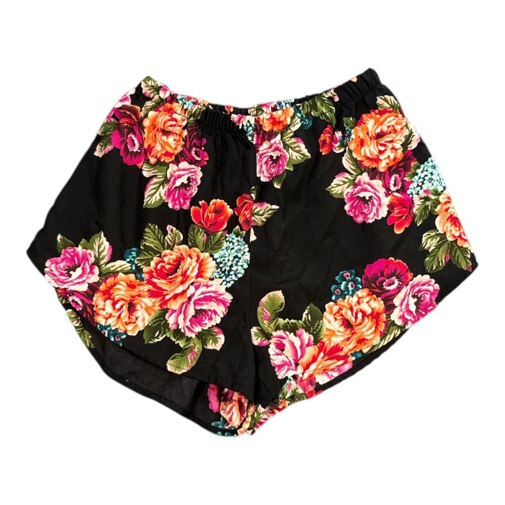 Ambiance Apparel Black Floral Print High Waist Shorts Womens Size Small